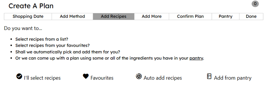 Recipe Planning Screenshot