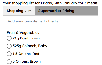 Grocery list screenshot